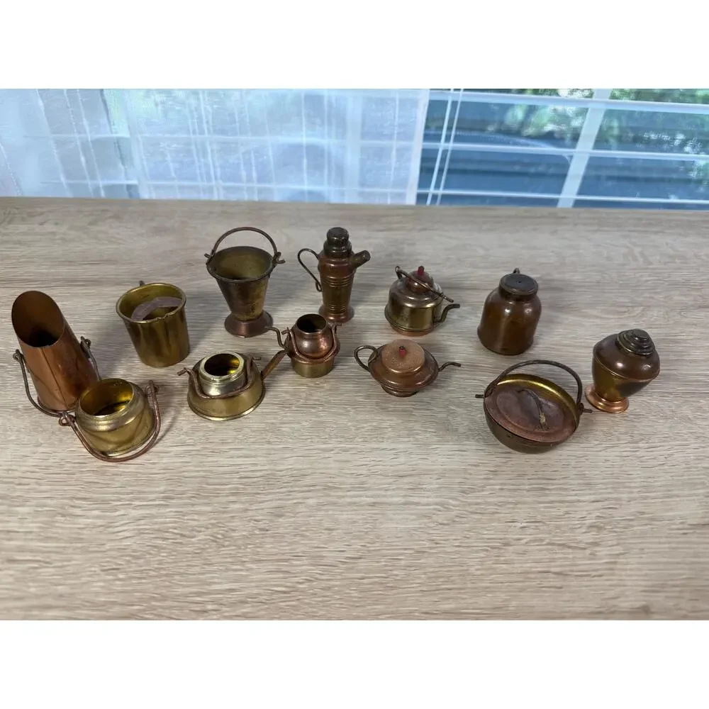 Vintage Japan Miniature Brass Copper Kitchenware Lot, 12pc Dollhouse Decor